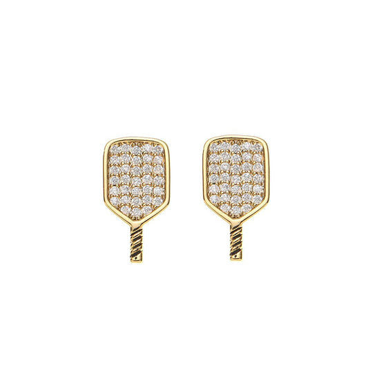 Gold CZ Pickleball Paddle Stud Earrings - Mother's Day