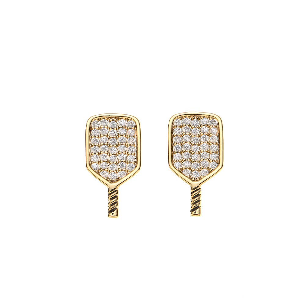 Gold CZ Pickleball Paddle Stud Earrings
